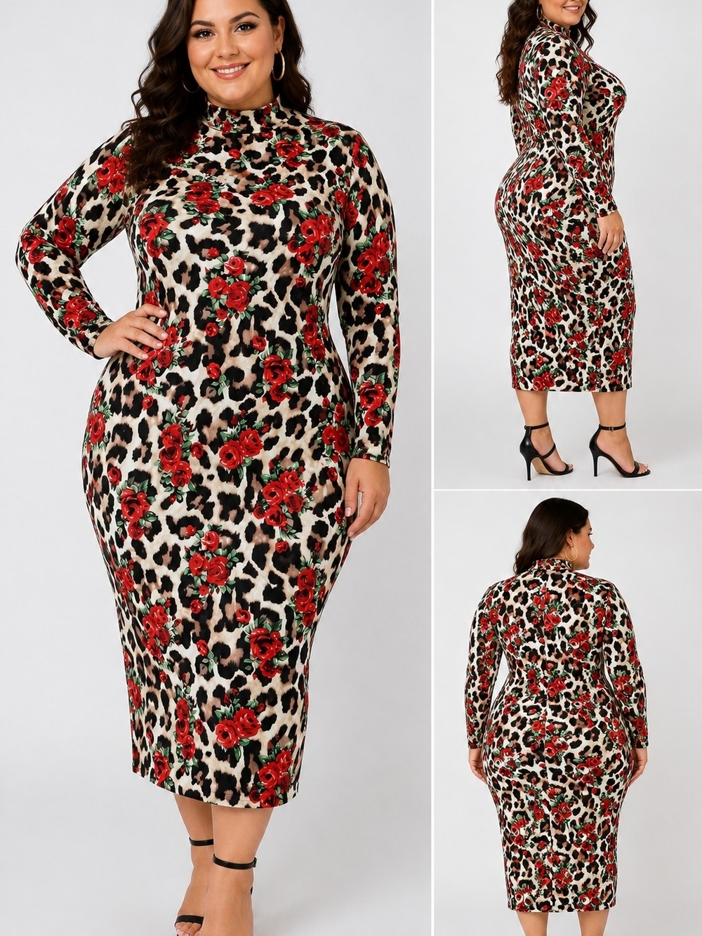 SHEIN CURVE MIDI LEOPARD BODYCON DRESS SZ 2X